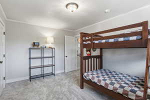 Bedroom featuring light colored carpet and crown molding