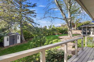 Wooden deck with a lawn and a shed