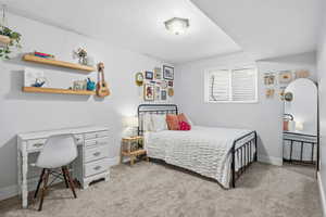 Bedroom featuring light colored carpet and a desk