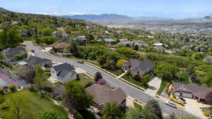 Aerial overview of property's location with nearby suburban area and a mountainous background