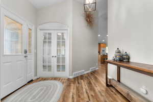 Entrance foyer featuring light wood flooring leading into living area