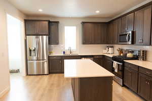 Kitchen featuring dark wood finish cabinets, stainless steel appliances, light wood-style floors, and recessed lighting