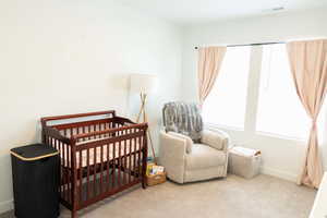 Bedroom with a nursery area and light carpet