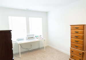 Home office with light carpet and baseboards