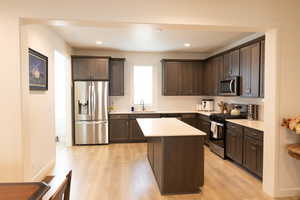 Kitchen featuring dark wood finish cabinetry, stainless steel appliances, light wood-type flooring, decorative backsplash, and a center island
