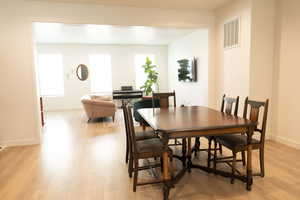 Dining space featuring light wood-style flooring and plenty of natural light