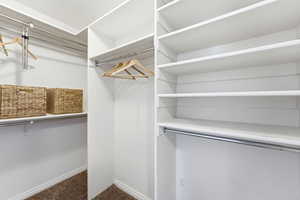 Walk in closet with dark carpet