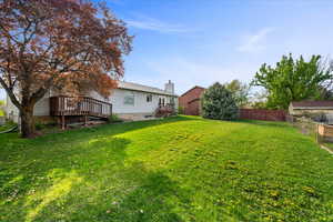 Fenced backyard featuring a wooden deck