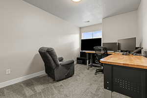 Office space featuring light colored carpet and a textured ceiling