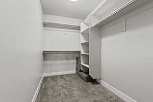 Walk in closet with dark colored carpet