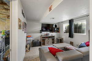 Living area featuring carpet floors and a textured ceiling