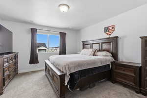 Bedroom featuring light carpet and a textured ceiling