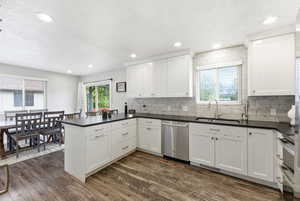 Kitchen with a peninsula, stainless steel appliances, backsplash, dark wood-type flooring, and recessed lighting