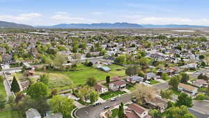 Aerial view of residential area with mountains