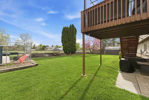 Fenced backyard with a patio and a wooden deck