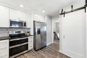 Kitchen featuring stainless steel appliances, a barn door, white cabinetry, dark wood-style flooring, and recessed lighting