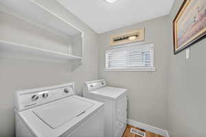 Laundry area with separate washer and dryer and light wood-style floors