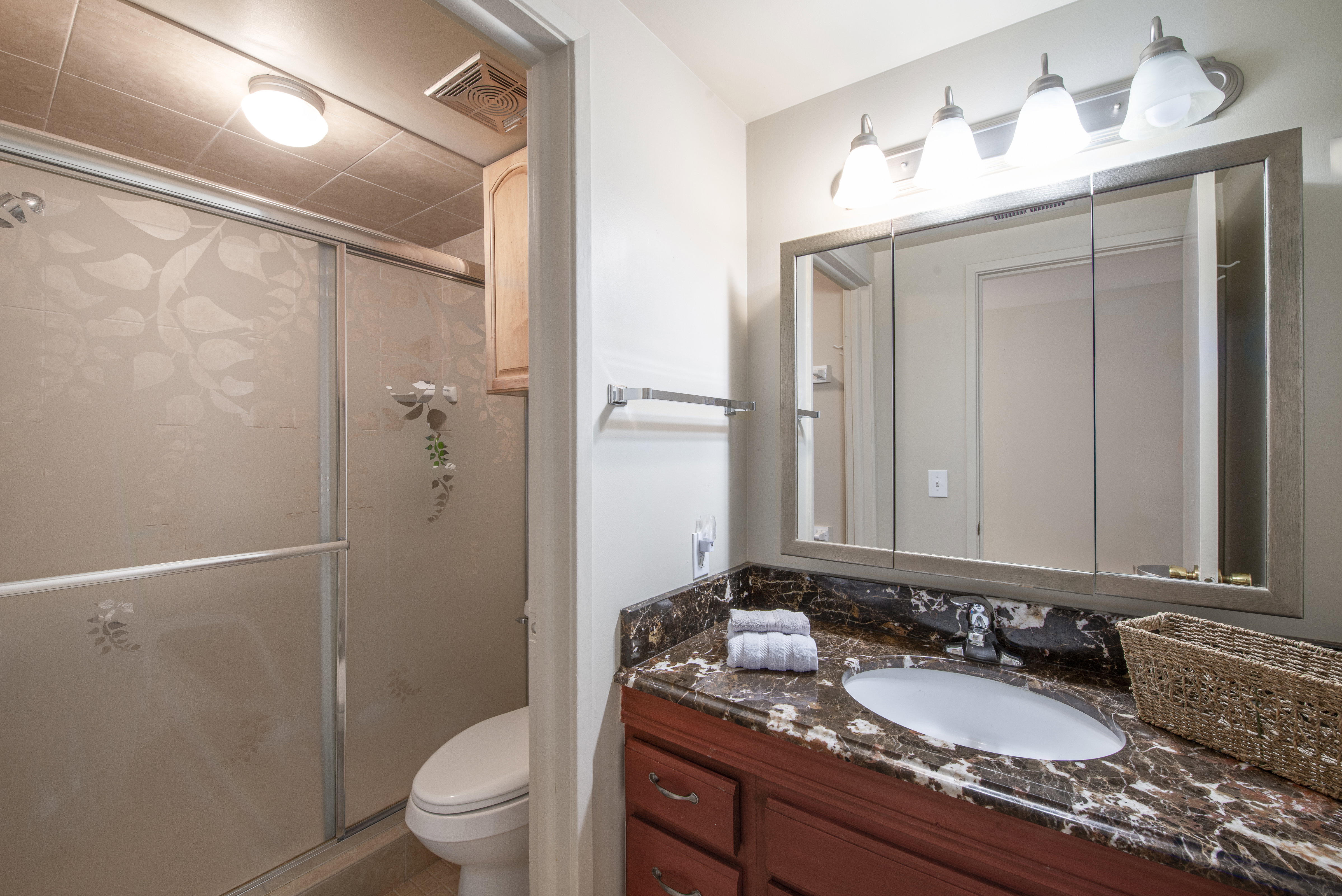 Full bath with vanity and a shower stall