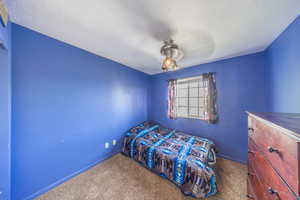 Bedroom with dark colored carpet and baseboards