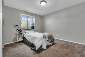 Carpeted bedroom with baseboards