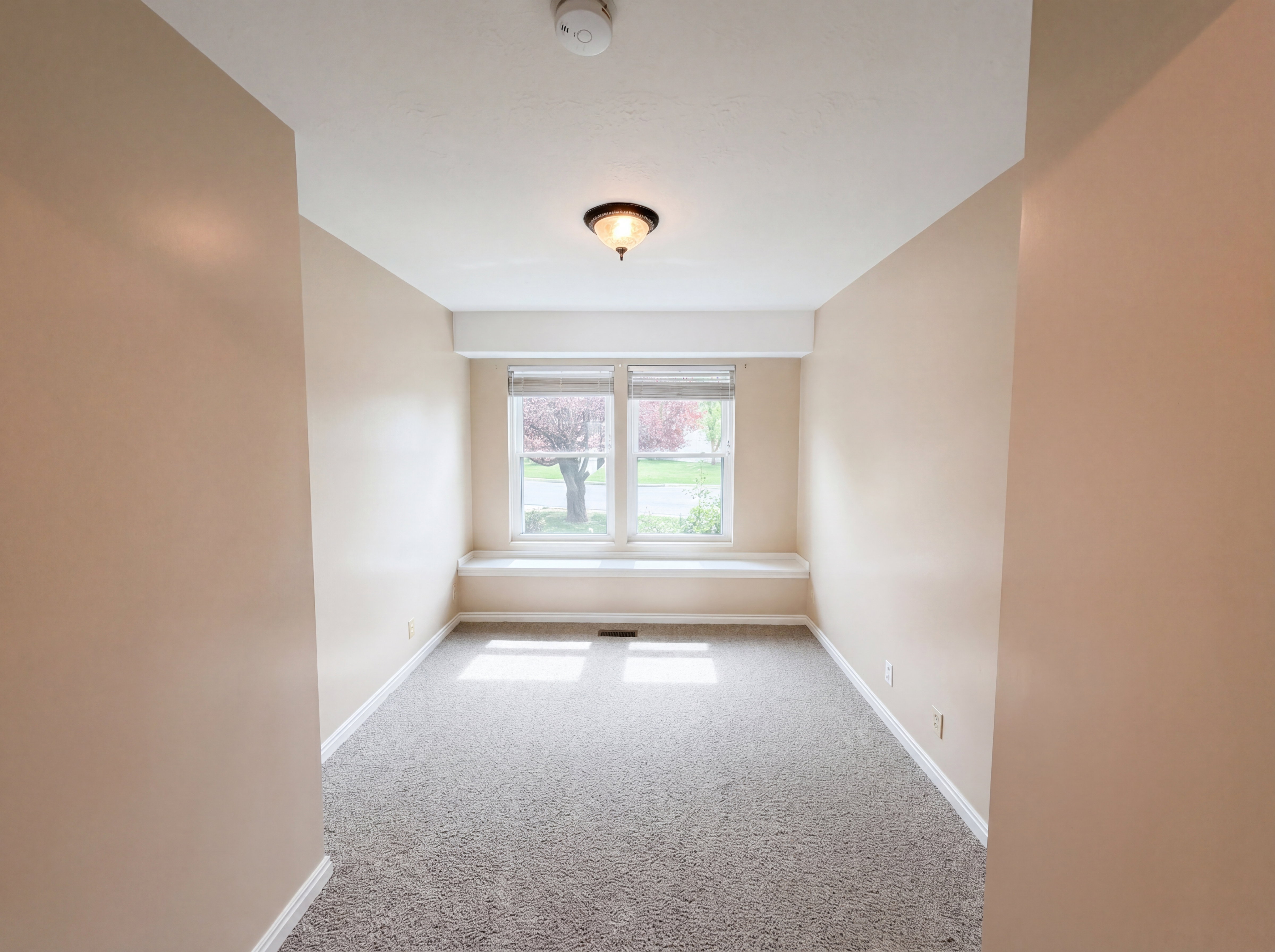 Empty room with light colored carpet and a smoke detector