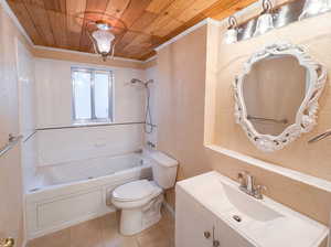 Full bathroom featuring vanity, wooden ceiling,  shower combination, light tile patterned flooring, and crown molding