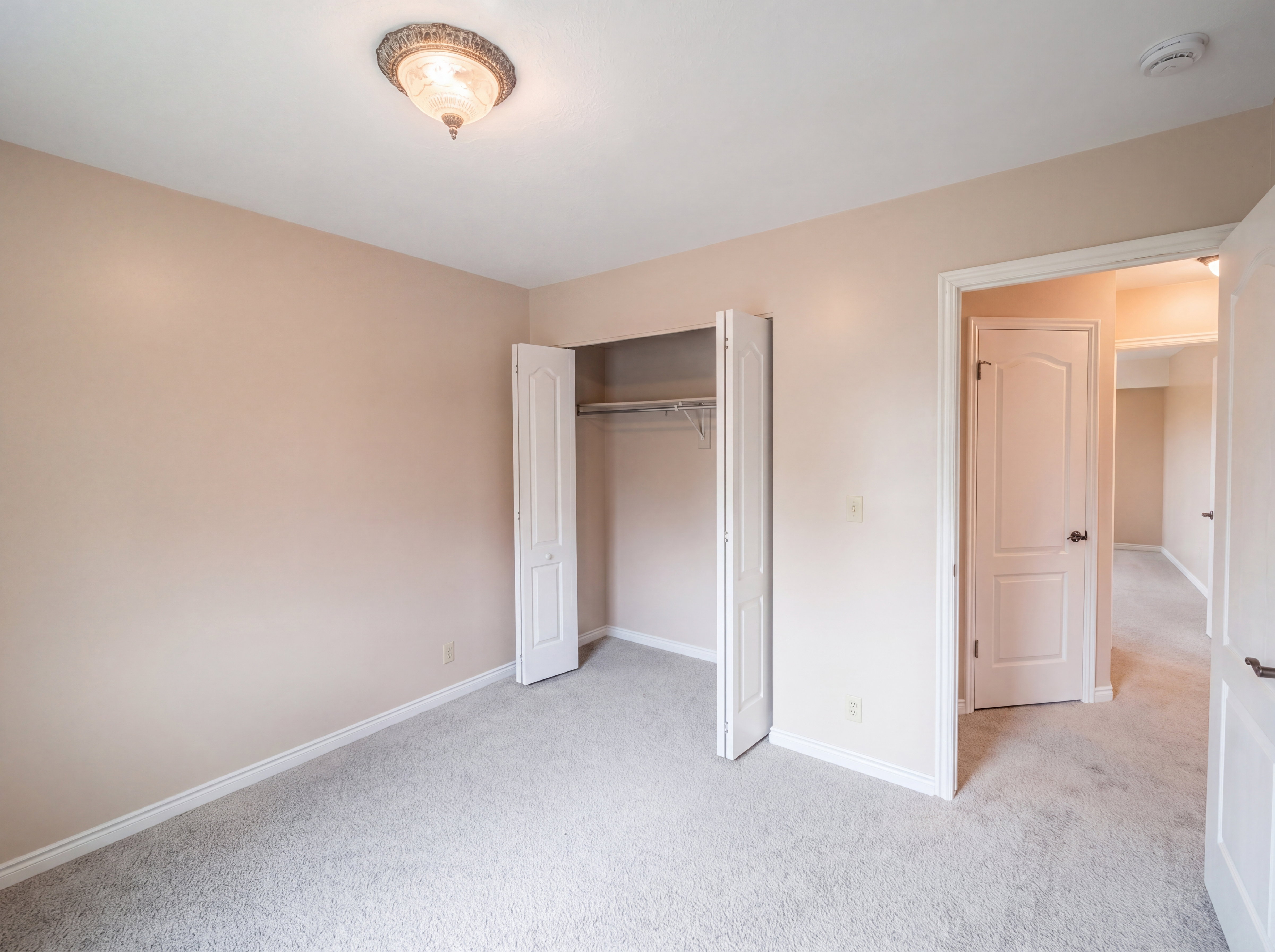 Unfurnished bedroom featuring light carpet and a closet