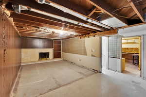 Unfinished basement with a fireplace and wood walls