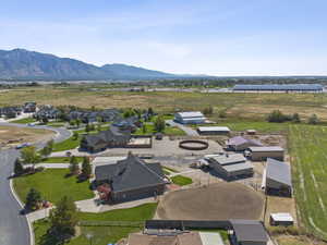 Aerial view of residential area featuring a mountain backdrop
