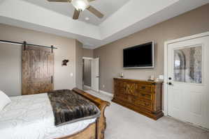Bedroom featuring a barn door, light carpet, and ceiling fan