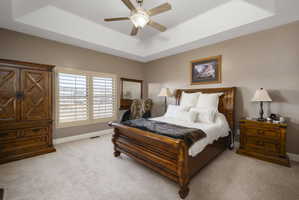Bedroom featuring a tray ceiling, light carpet, and a ceiling fan