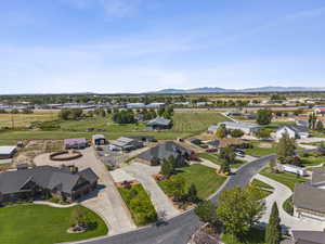Aerial perspective of suburban area with mountains