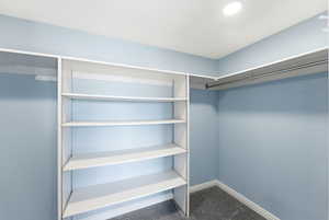 Primary closet in Midway condo for sale with built-in shelving, hanging space, and walk-in layout