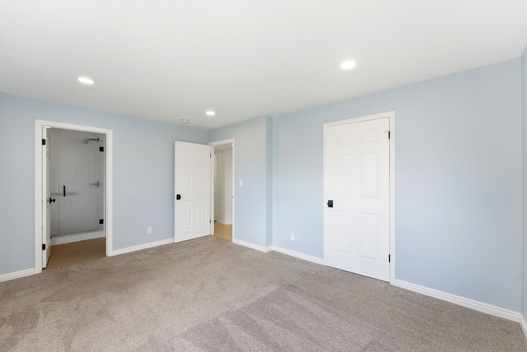 Swiss Oaks primary bedroom with carpet flooring, closet storage, and bright window exposure