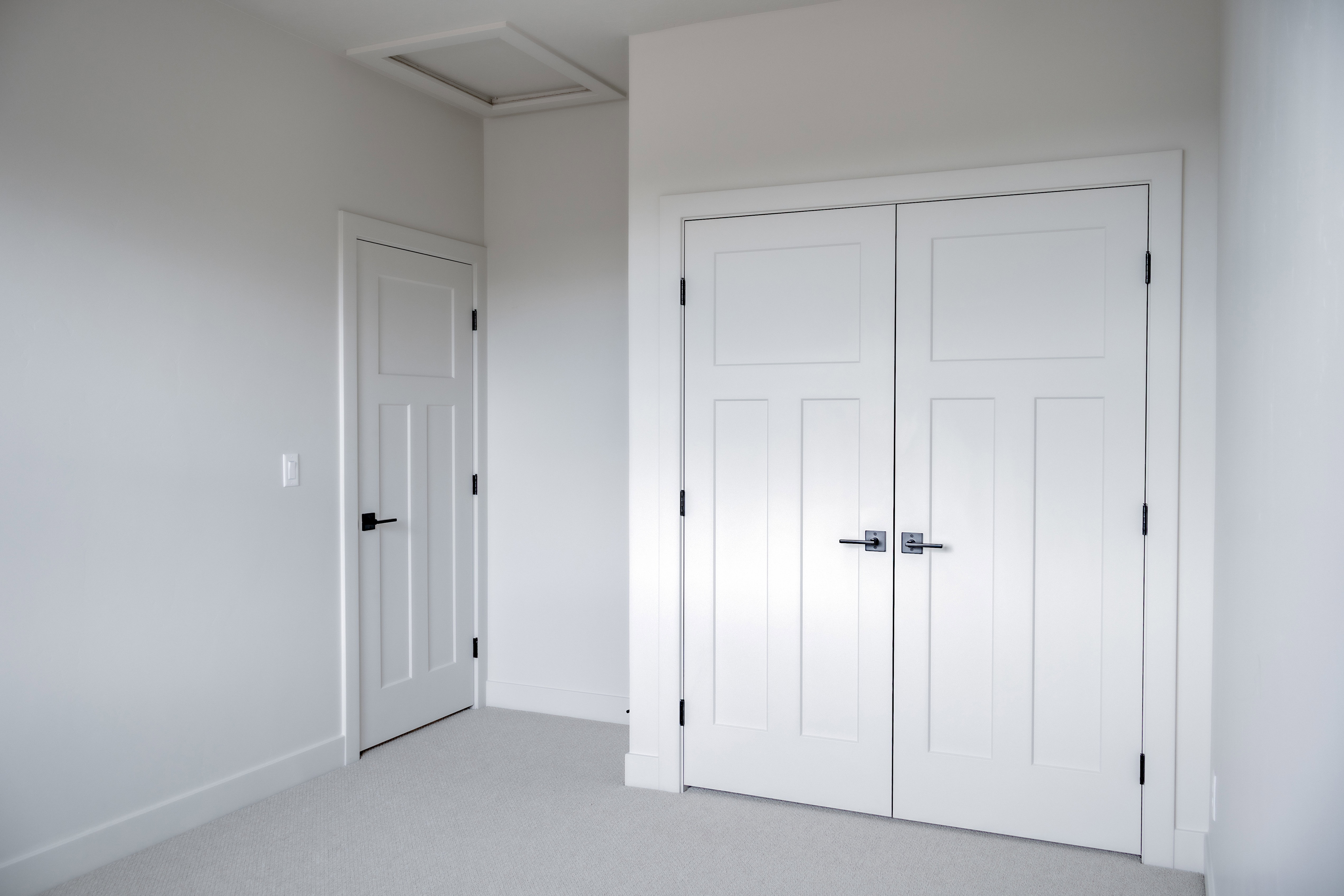 Bedroom with light colored carpet and a closet