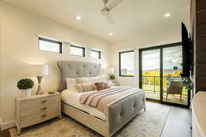 Bedroom featuring light wood-style flooring, access to exterior, a ceiling fan, and recessed lighting