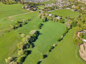 Aerial view of sparsely populated area with a pastoral area