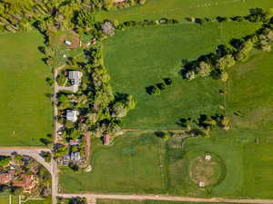 Aerial view of sparsely populated area with a pastoral area