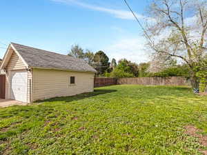 Fenced backyard with a garage and an outbuilding