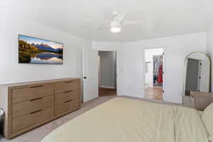 Bedroom featuring light carpet, ceiling fan, and a spacious closet