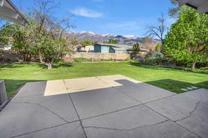 Fenced backyard with a mountain view and a patio