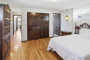Bedroom with light wood finished floors, multiple windows, a textured ceiling, and a closet