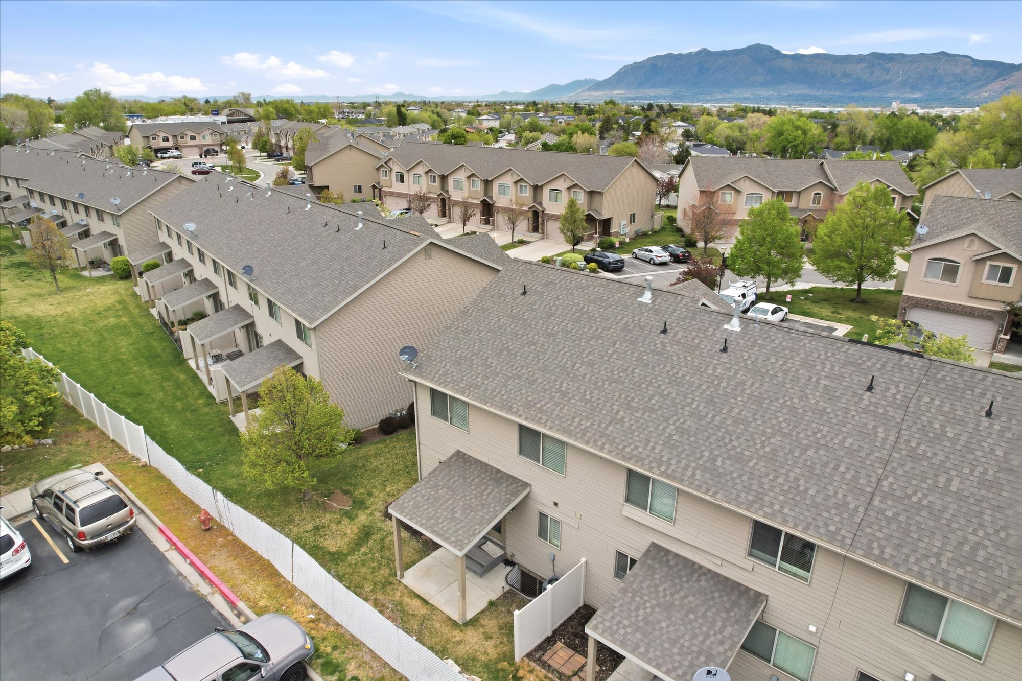 Aerial perspective of suburban area featuring mountains