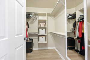 Walk in closet featuring light wood-type flooring