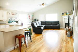 Living area with a ceiling fan, light wood-style flooring, healthy amount of natural light, and vaulted ceiling