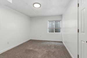Spare room with baseboards and dark colored carpet
