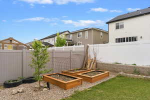 Fenced backyard with a vegetable garden