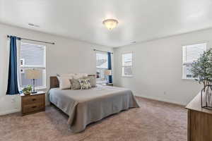 Bedroom featuring light carpet and multiple windows