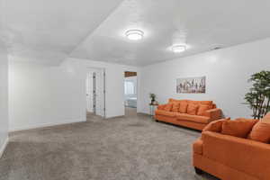 Carpeted living area with baseboards