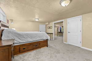 Bedroom featuring a textured ceiling, a walk in closet, and light carpet